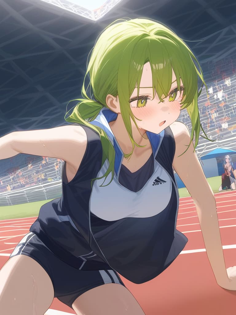  a girl whose chest is shaking in a 100m run of the athletic meet