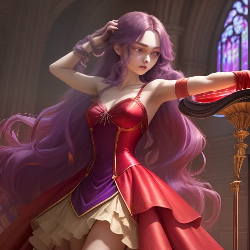  the girl stands in the foreground, stretching her arms forward. in her hands is a gold cup filled with scarlet liquid. the girl is dressed in a purple lush dress with open shoulders. she has long ash hair assembled in a bundle with wavy front strands. there's a big stained glass behind her