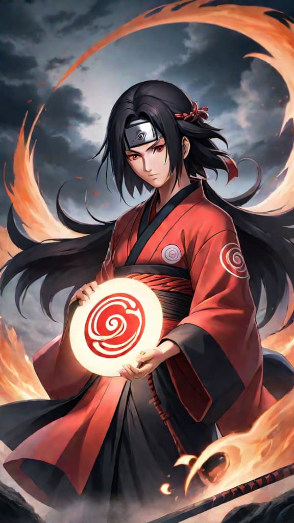  anime art: itachi uchiha with amaterasu and tsukuyomi, showcasing his formidable power. hyperrealistic, full body, detailed clothing, highly detailed, cinematic lighting, stunningly beautiful, intricate, sharp focus, f/1. 8, 85mm, (centered image composition), (professionally color graded), ((bright soft diffused light)), volumetric fog, trending on instagram, trending on tumblr, HDR 4K, 8K