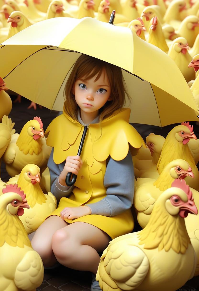  the girl covered with an umbrella of yellow chickens