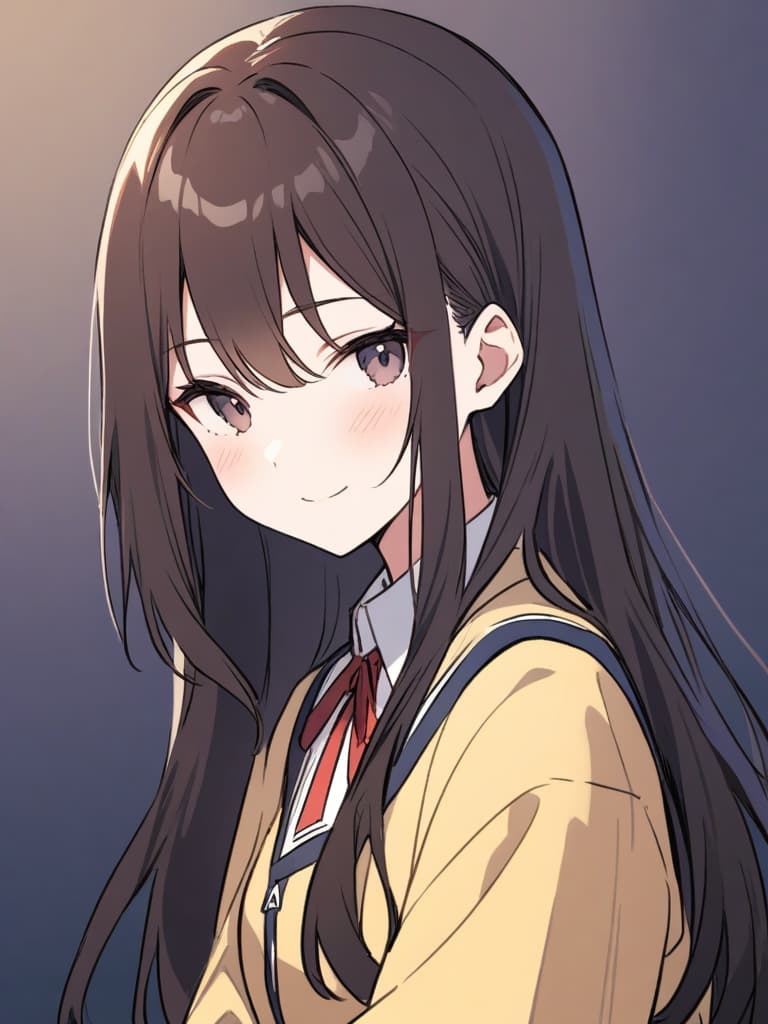  gentle illustration {clean beautiful girl:1.7}{dark brown hair:1.5}{shiny straight long hair:1.7}{half up:1.5}{gentle smile:1.5}{she is wearing a dress with white collar on dark blue background:1.7}{upper body} masterpiece,high quality,16k,super analysis