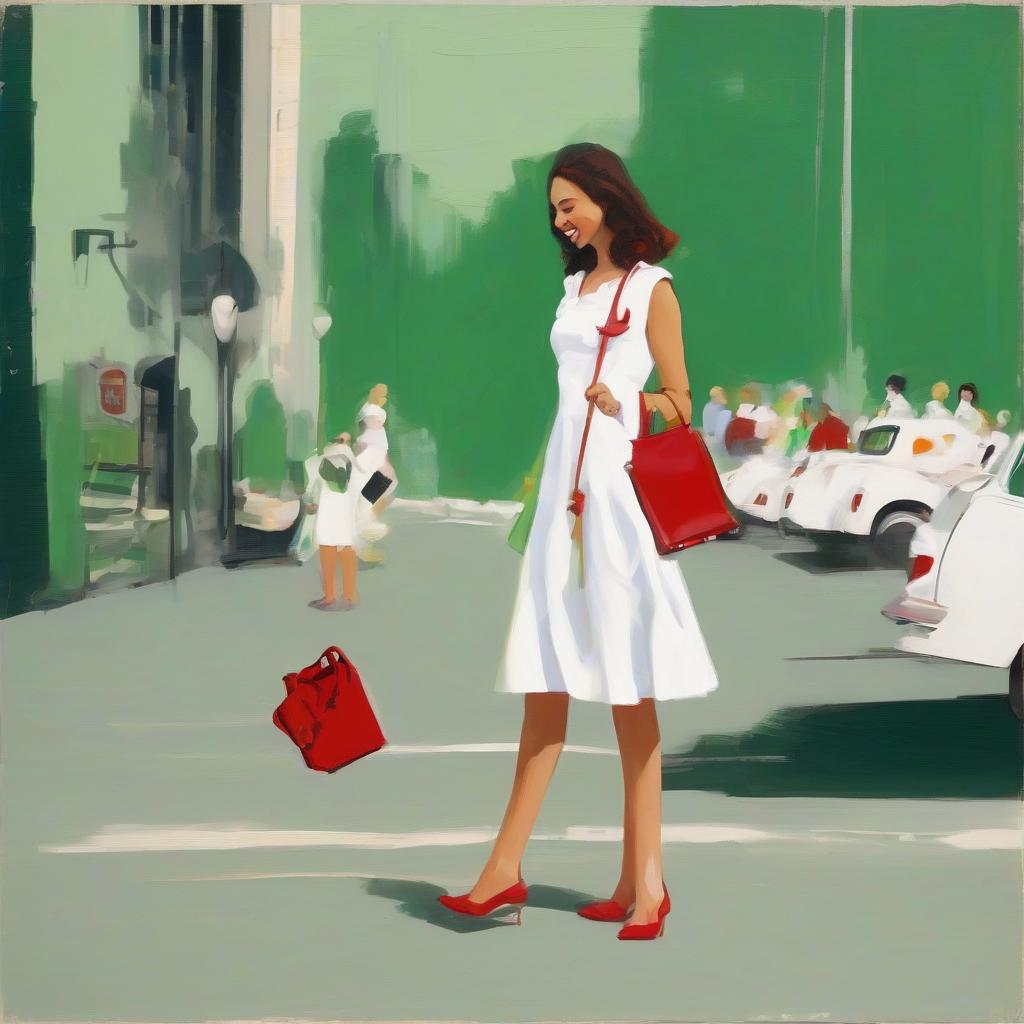  solid green background, a woman in a white dress and white shoes, a hairpin in her hair, a woman with a red bag in her hands, hands and shoes are visible, full height is visible, a woman smiles a little, shoes and a head walking along the sidewalk