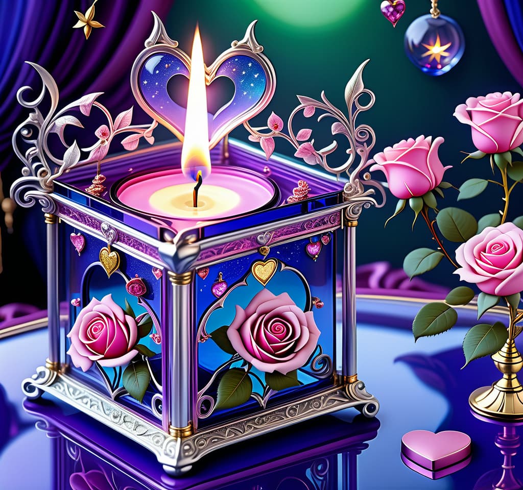  dreamscape (background):colour:violet blue. (background decoration):silver frames in the shape of hearts and gold fancy stars. (centre):glass square pink candlestick and lighter decorated with fancy roses. (rose colour):pink, dark pink, with cream border. (leaf colour):dark green, green blue, light green. (style):fantasy, fantasy art design, jewellery, interior. . surreal, ethereal, dreamy, mysterious, fantasy, highly detailed, civitai, hkmagic