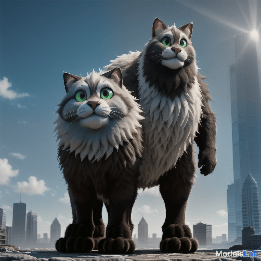  a giant cat with sleek black fur, emerald green eyes, a shaggy mane, and a muscular build, towering over a bustling city like a furry skyscraper. hyperrealistic, full body, detailed clothing, highly detailed, cinematic lighting, stunningly beautiful, intricate, sharp focus, f/1. 8, 85mm, (centered image composition), (professionally color graded), ((bright soft diffused light)), volumetric fog, trending on instagram, trending on tumblr, HDR 4K, 8K