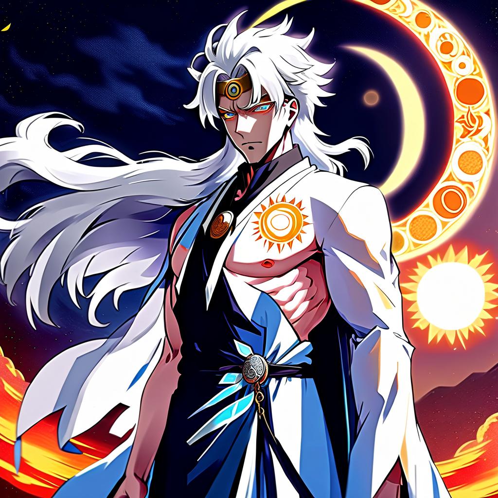  anime artwork man, white haired, tall, sullen, divine robe, god of the sun and moon, middle aged, pumped body, pale skin . anime style, key visual, vibrant, studio anime, highly detailed, perfecteyes, perfect hands