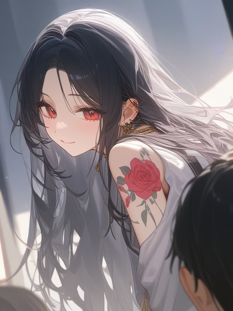  long hair, black hair, hair tips are pink, red eyes, hanging, bangs, and length of bangs, adults, adult faces, piercings, necklaces, hair are light pink and black, thin makeup on the arm. there is a rose tattoo, a rose tattoo on your arm, smiling, masterpiece, best quality,8k,ultra detailed,high resolution,an extremely delicate and beautiful,hyper detail