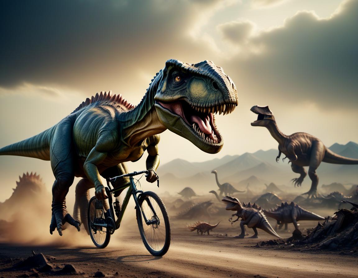  cinematic film still cyclist flees dinosaur into wasteland . shallow depth of field, vignette, highly detailed, high budget, bokeh, cinemascope, moody, epic, gorgeous, film grain, grainy, t shirt design