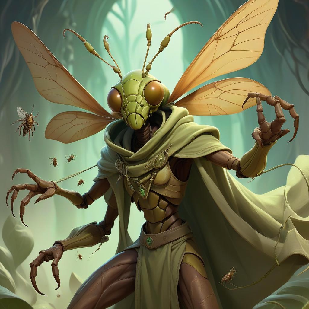  ethereal fantasy concept art of thri kreen brown insectoid monstrous humanoid race with mantis head ranger, wearing travelers rags and cloak, has four hands, swarm of bugs flying around, hive background . magnificent, celestial, ethereal, painterly, epic, majestic, magical, fantasy art, cover art, dreamy