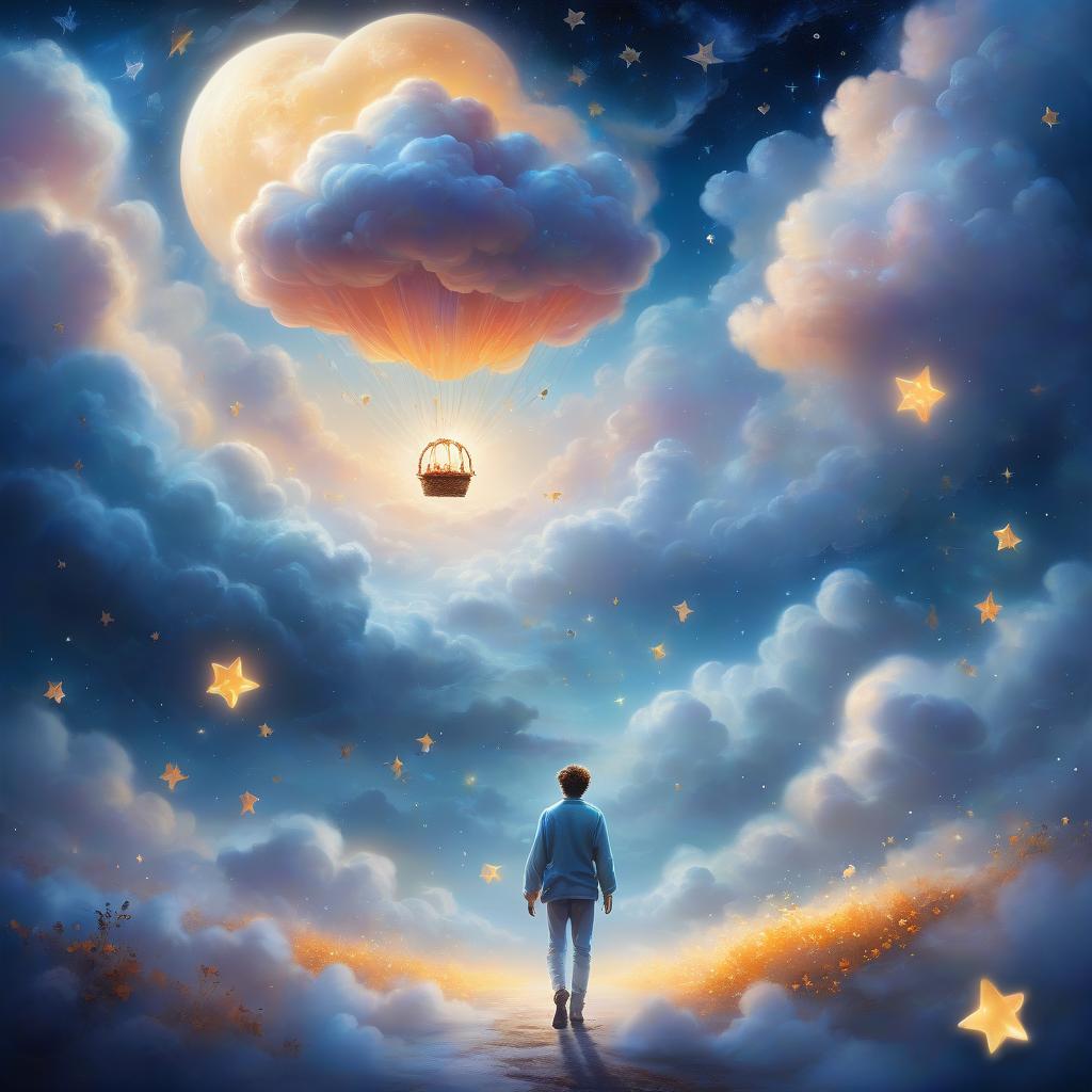  a fantastic dream, a masterpiece of digital painting, a guy walks on soft fluffy clouds and scatters stars as if he is sowing them to the sides, the guy himself has a ghostly glow, a picture of a dream, bright fairy tale colors, a fairy tale in reality, action, dinamic