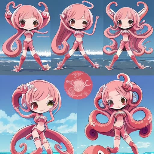  anime style, super fine illustration, highly detailed, dynamic angle, beautiful detailed, 8k, On the beach, BREAK cute anthropomorphized octopuses, styled as chibi characters, are dancing joyfully. Th