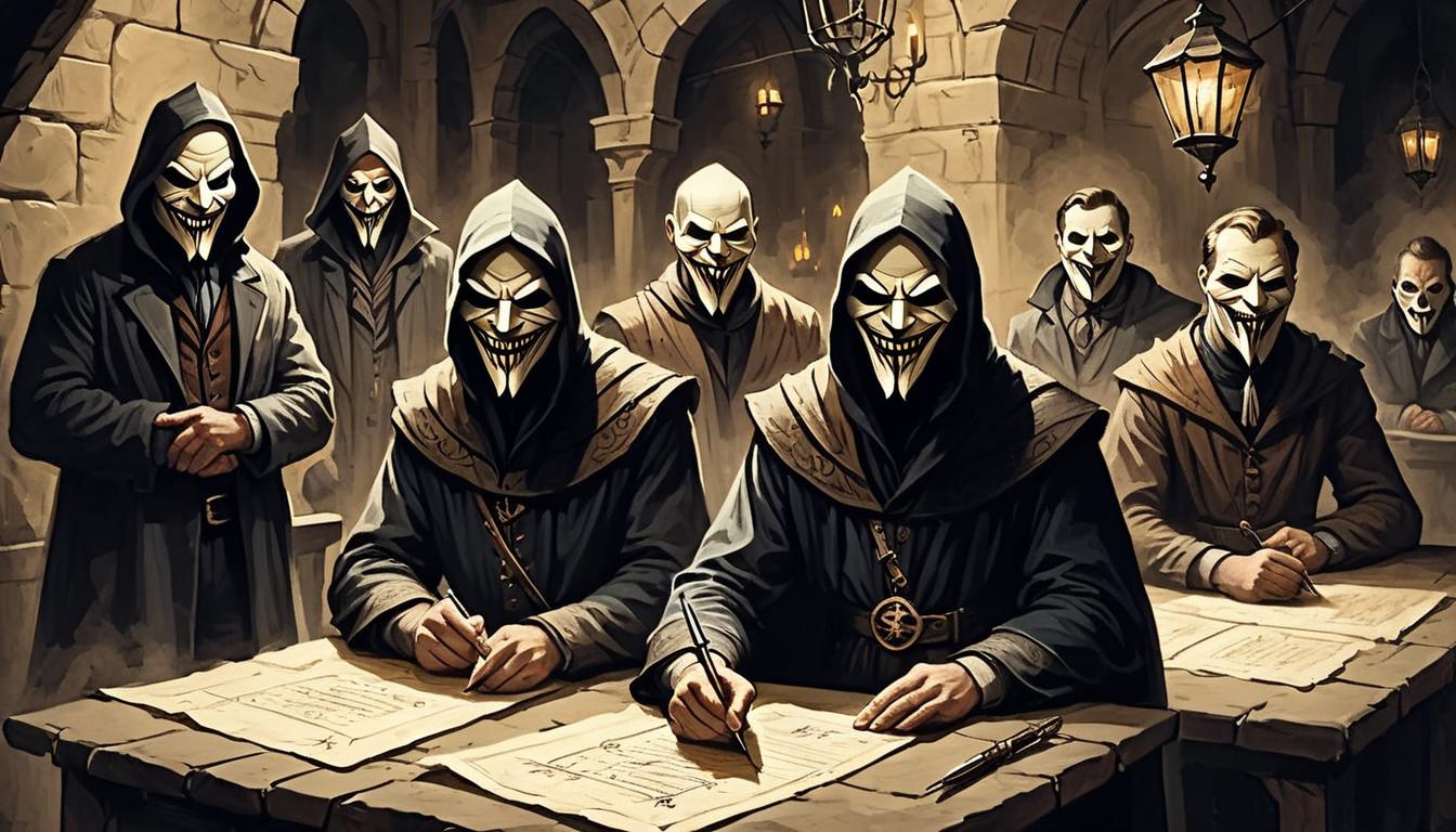  on parchment, surrealism+++, sly faces behind masks with malicious grins, dark alleyway, underhanded dealings, dim light, sinister atmosphere, calculation, deception(mysterious, provocative, symbolic,muted color)+++