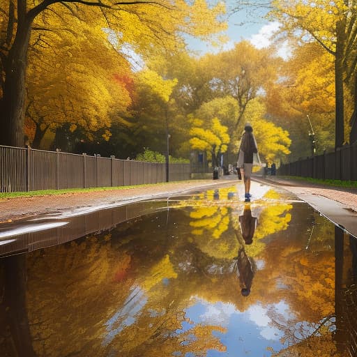  a bright autumn day. the trees in the park begin to turn yellow. after the past rain, puddles shine in the sun on the path of the park, in which the first yellow leaves that fly from the trees swim. near a large puddle sits a small puppy and a furry kitten. they look sadly at their reflection in the puddle and the yellow leaf floating in it.