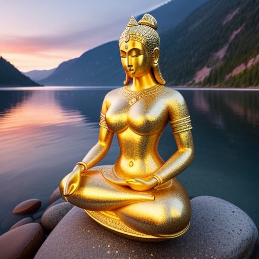  an image of a serene figure sitting in meditation beside a calm lake at sunrise. the figure is softly chanting, with subtle light patterns symbolizing the sound of mantras radiating out from them in gentle waves. the background shows the natural beauty of the scene, with soft hues of gold, pink, and purple in the sky, and the reflection of the figure in the still water. hyperrealistic, full body, detailed clothing, highly detailed, cinematic lighting, stunningly beautiful, intricate, sharp focus, f/1. 8, 85mm, (centered image composition), (professionally color graded), ((bright soft diffused light)), volumetric fog, trending on instagram, trending on tumblr, HDR 4K, 8K