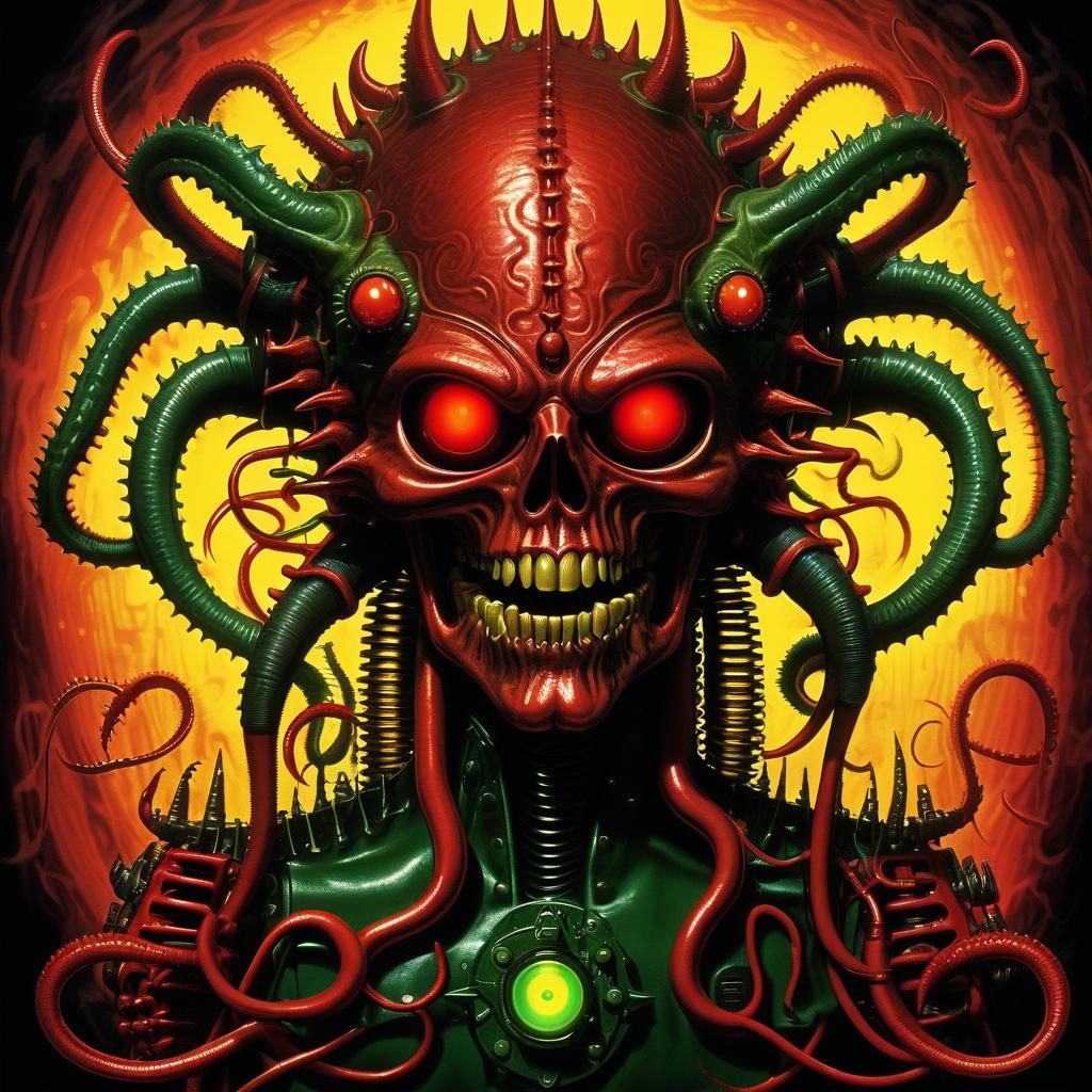  retro game art beautiful demonhellraiser whisperer giger demon looks scary prickly red watch in yellow smoke and green sparks suction cups tentacles eyes all lower jaw sting tentacles claws and a terrible moan in red smoke лавкрафта в мантии священника в липкой блестящей слизи пригнулось в туман и свет желтых огней дым красные искры шипы ужас щупальца лавкрафта некрономикон и кольца жижи крылья . 16 bit, vibrant colors, pixelated, nostalgic, charming, fun