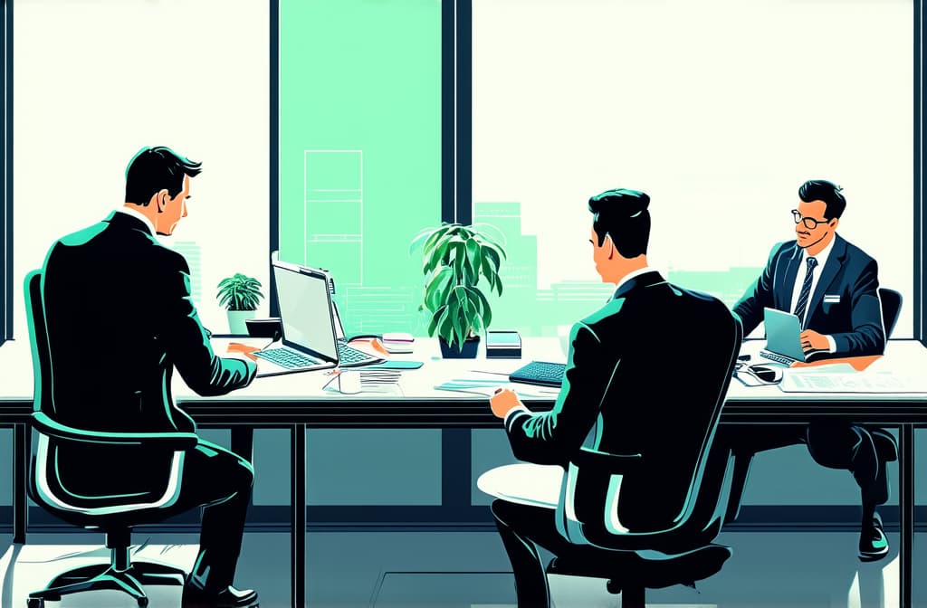  professional detailed photography, people working in office. business illustration representing busy life ar 3:2, (muted colors, dim colors, soothing tones), (vsco:0.3)