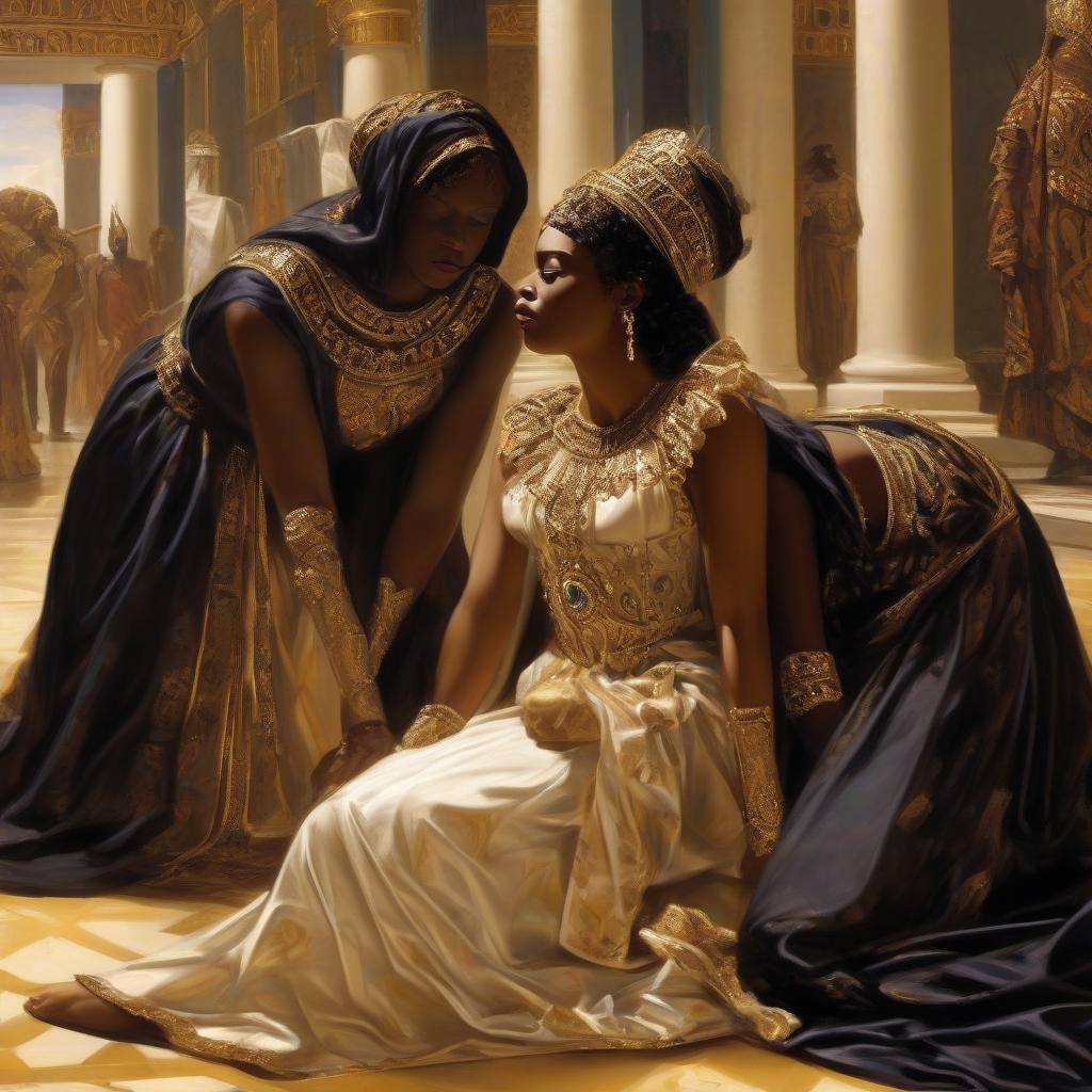  the queen of sheba fainted and lay unconscious on the floor, and two black maids bent over her and tried to bring her to her senses.