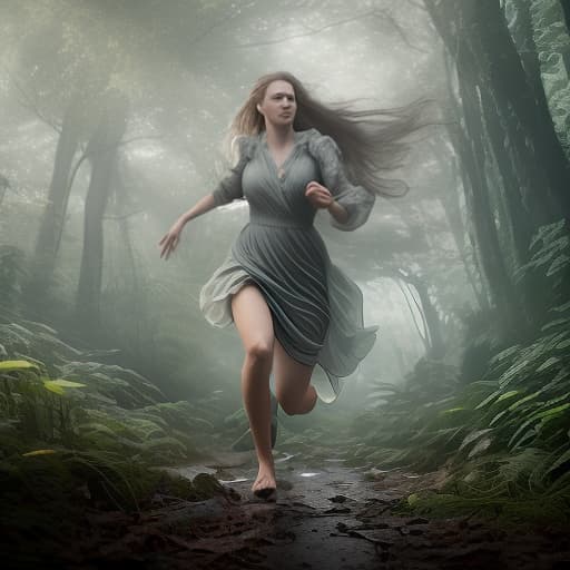  create an image of me running back through a dense forest in a long, developing dress in the wind, shot 35 mm, realism, octane render, 8k, trending on artstation, 35 mm camera, unreal engine, hyper detailed, photo realistic maximum detail, volumetric light, realistic matte painting, hyper photorealistic, trending on artstation, ultra detailed, realistic