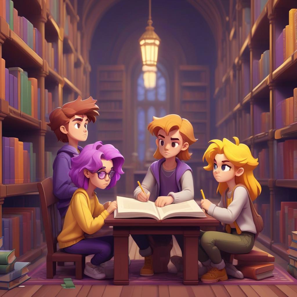  pixel art three students sit in a large magical library and do their homework. one girl with purple shoulder hair, a second girl with yellow short hair and a guy with brown hair. they're all in light clothes. . low res, blocky, pixel art style, 8 bit graphics