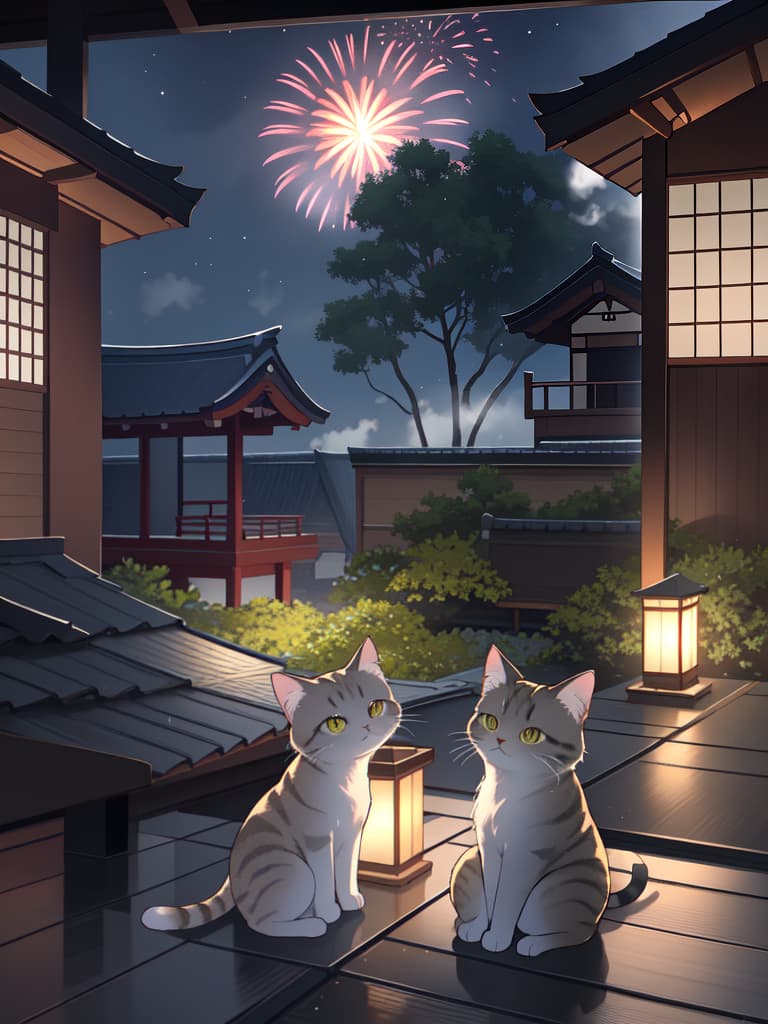  1cat,small cat ,japanese cat ,sit and look up，japanese house roof ,sit on a tiled roof,fireworks,midnight, hyperrealistic, full body, detailed clothing, highly detailed, cinematic lighting, stunningly beautiful, intricate, sharp focus, f/1. 8, 85mm, (centered image composition), (professionally color graded), ((bright soft diffused light)), volumetric fog, trending on instagram, trending on tumblr, HDR 4K, 8K