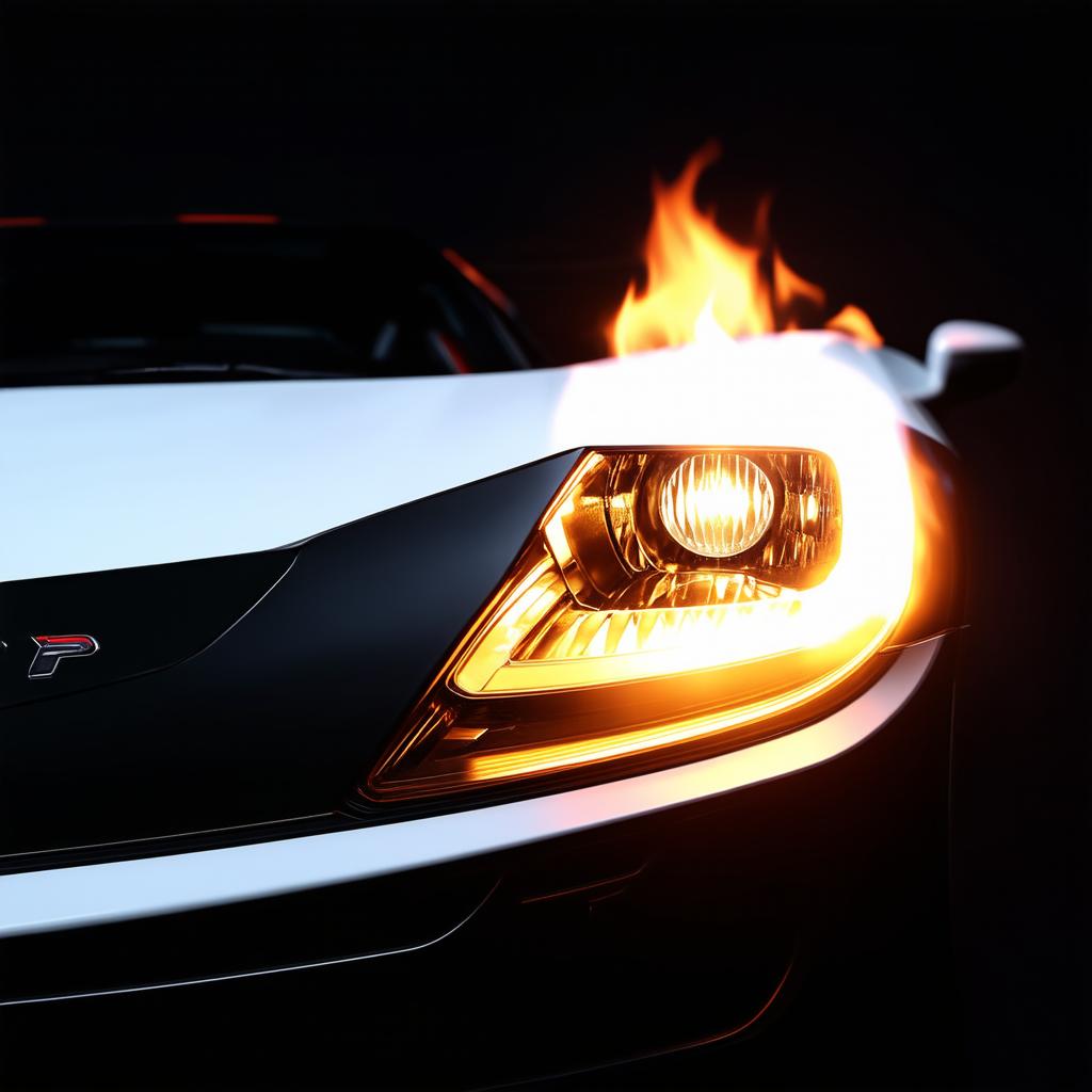  advertising style, stock photo, corporate branding style on a dark background, the headlight of a sports car is close up, instead of a light bulb, a fire is burning and the light streams through the headlight . professional, clean, modern, product focused, commercial, eye catching, minimalist, business oriented, highly detailed