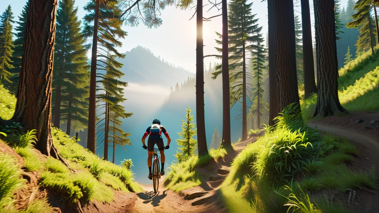  a dynamic scene of a mountain biker navigating a rugged trail, showcasing muscular arms gripping the handlebars, strong legs pedaling powerfully, and a vibrant landscape of steep hills, trees, and a clear blue sky. hyperrealistic, full body, detailed clothing, highly detailed, cinematic lighting, stunningly beautiful, intricate, sharp focus, f/1. 8, 85mm, (centered image composition), (professionally color graded), ((bright soft diffused light)), volumetric fog, trending on instagram, trending on tumblr, HDR 4K, 8K