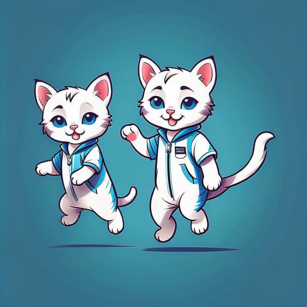  retail packaging style sketches of a kitten in a jumpsuit, dynamic poses, a cheerful bully, without a background, flat cartoon style . vibrant, enticing, commercial, product focused, eye catching, professional, highly detailed, logo