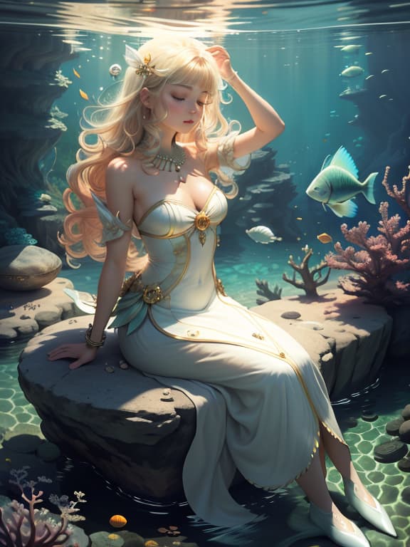  master piece, best quality, ultra detailed, highres, 4k.8k, mermaid with blond hair., sitting on a rock, combing her hair, admiring a pearl she found., serene and content., break mermaid with a fish tail and blond hair., underwater coral reef., pearls, colorful corals, seashells,, break bright and magical underwater world., sunlight filtering through the water, creating a dreamy effect., lunarpunkai