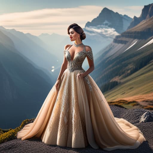  very luxury woman wearing dress mountain majesty hyperrealistic, full body, detailed clothing, highly detailed, cinematic lighting, stunningly beautiful, intricate, sharp focus, f/1. 8, 85mm, (centered image composition), (professionally color graded), ((bright soft diffused light)), volumetric fog, trending on instagram, trending on tumblr, HDR 4K, 8K