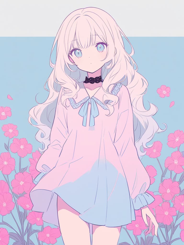  best of the best,flat color,pink solo,sheep beast girl,(((fluffy hair))),(((long curly hair))),light blue eye color,old style,lace round neck collar,long puff sleeves,ribbon,fuzzy dress dress,wide hem,(((pastel color))),gentle color,cosmos flower,high quality,16k