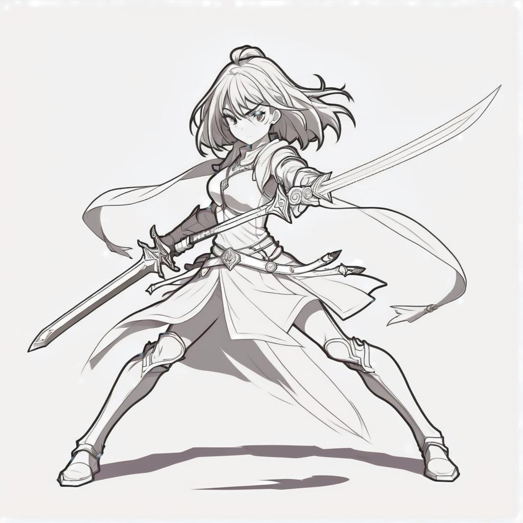  line art drawing sword girl battle stance, dnd, same nightmare. anime style . professional, sleek, modern, minimalist, graphic, line art, vector graphics