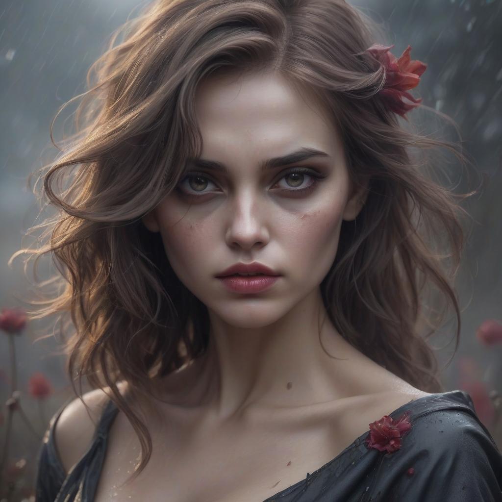  a girl with a brooding look and bloody hair, a graceful and beautiful figure with features reminiscent of angelina jolie and jessica alba bright lips high cheekbones and expressive eyes. high detail, around it gentle twinkling fire, half brown flowers winding around, a dull background with fog and soft light, a mysterious and slightly gloomy atmosphere, a light wind moves hair and clothes, rain drops sparkle on the skin