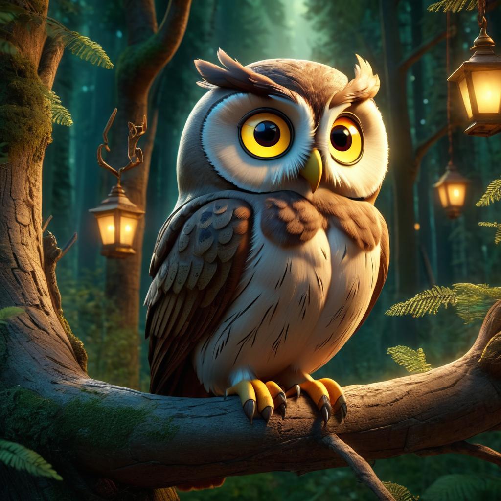  in 3d animated movie style. disney pixar style. "wise old owl, ancient with glowing eyes, perched on twisted branch. mystical forest backdrop with tall trees exuding ancient secrets. high resolution pixar 3d style with earthy tones, warm lights. bird's eye view angle highlights owl's wisdom and forest enchantment."