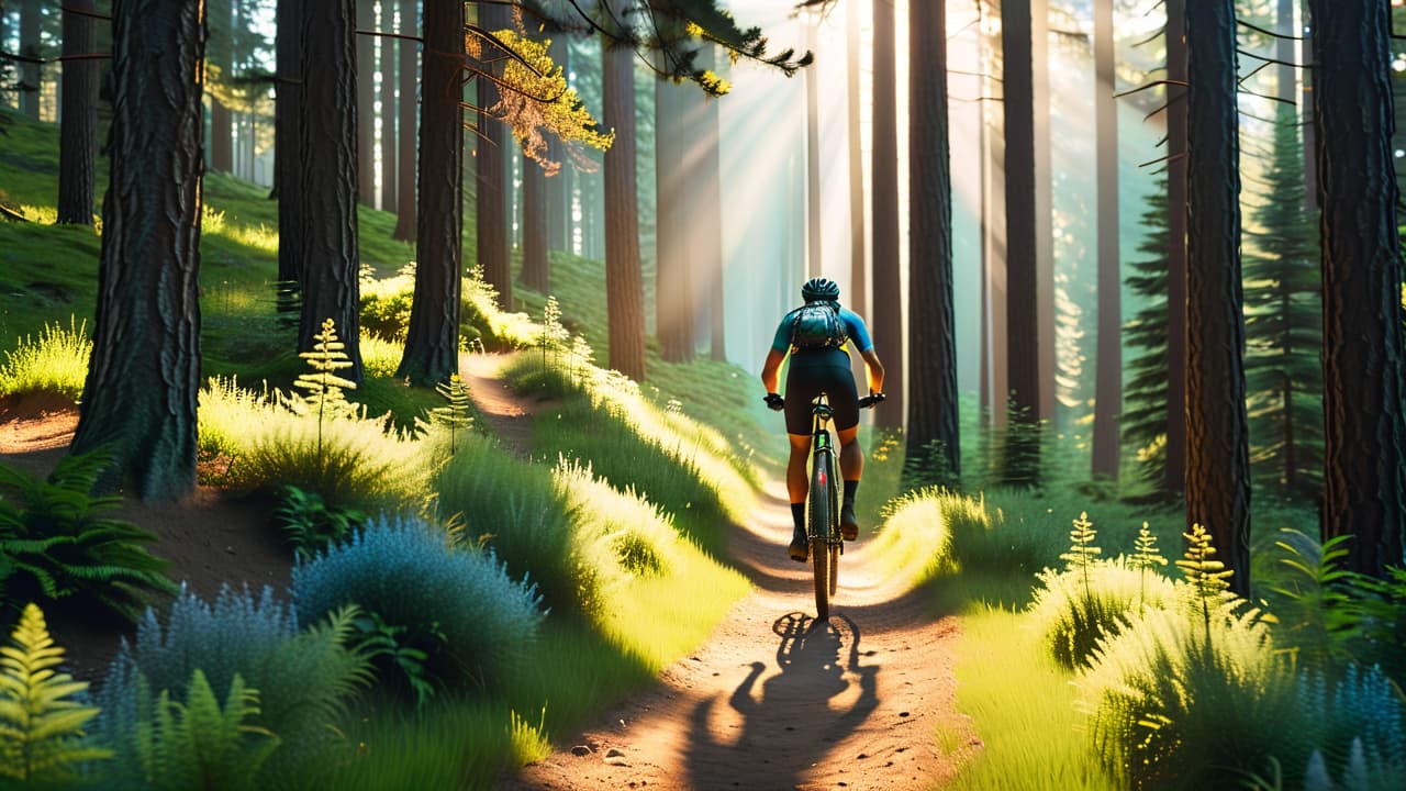  a mountain biker navigating a rugged trail, surrounded by towering pine trees, dappled sunlight filtering through leaves, vibrant wildflowers lining the path, sweat glistening on their brow, expression of exhilaration and focus. hyperrealistic, full body, detailed clothing, highly detailed, cinematic lighting, stunningly beautiful, intricate, sharp focus, f/1. 8, 85mm, (centered image composition), (professionally color graded), ((bright soft diffused light)), volumetric fog, trending on instagram, trending on tumblr, HDR 4K, 8K