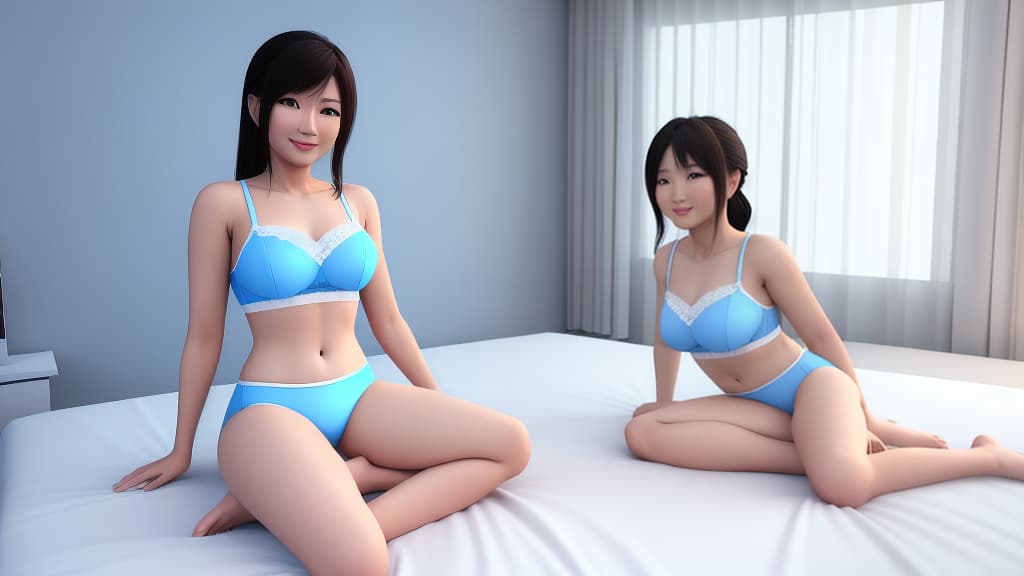  3D render of a Thai love couple wearing underwear and sitting on the bed, white+skyblue color scheme