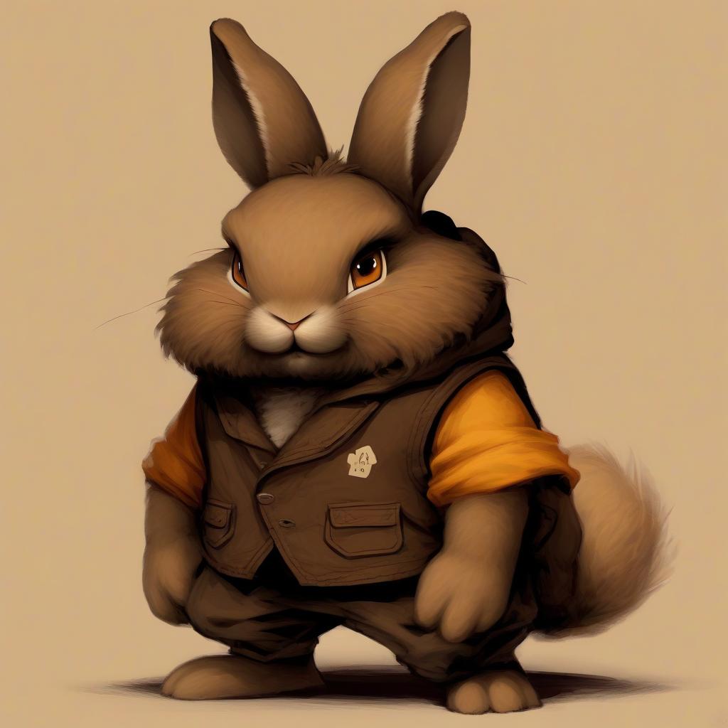  slim bunny. its fur has a gray brown hue, which helps it remain invisible in the shade. his ears are long and mobile, always alert, catching the slightest sounds of the environment. the eyes of varian are deep amber color, full of determination and inner light. he wears simple but comfortable clothing consisting of a dark vest and wide pants, allowing him to move easily.