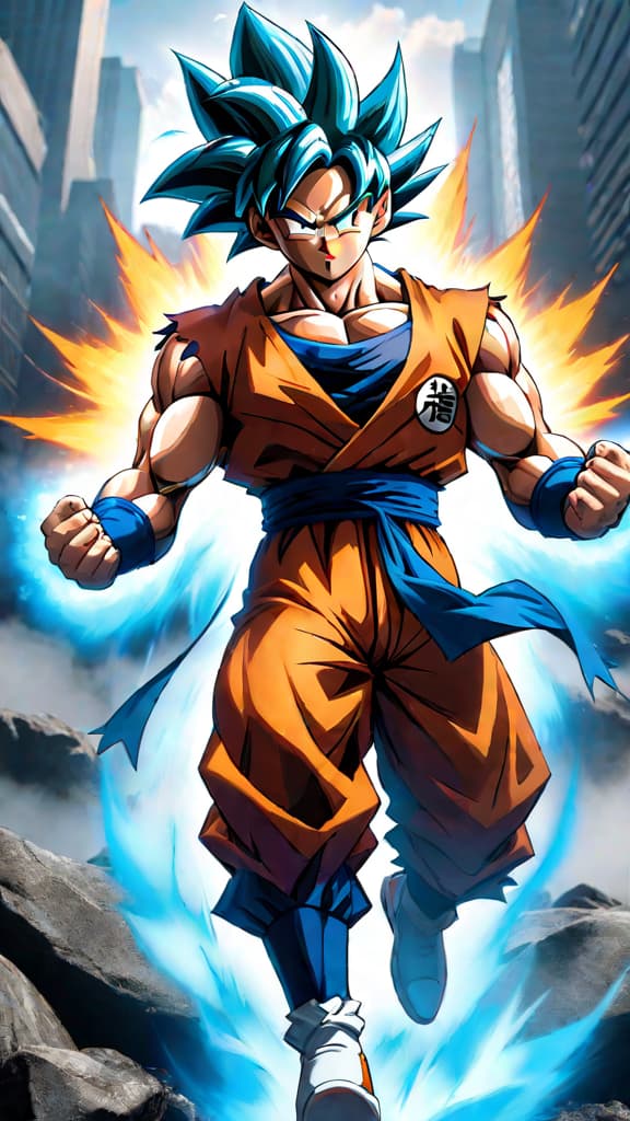  anime art: goku achieves super saiyan blue and ultra instinct, contrasting with saitama's one punch strength. hyperrealistic, full body, detailed clothing, highly detailed, cinematic lighting, stunningly beautiful, intricate, sharp focus, f/1. 8, 85mm, (centered image composition), (professionally color graded), ((bright soft diffused light)), volumetric fog, trending on instagram, trending on tumblr, HDR 4K, 8K