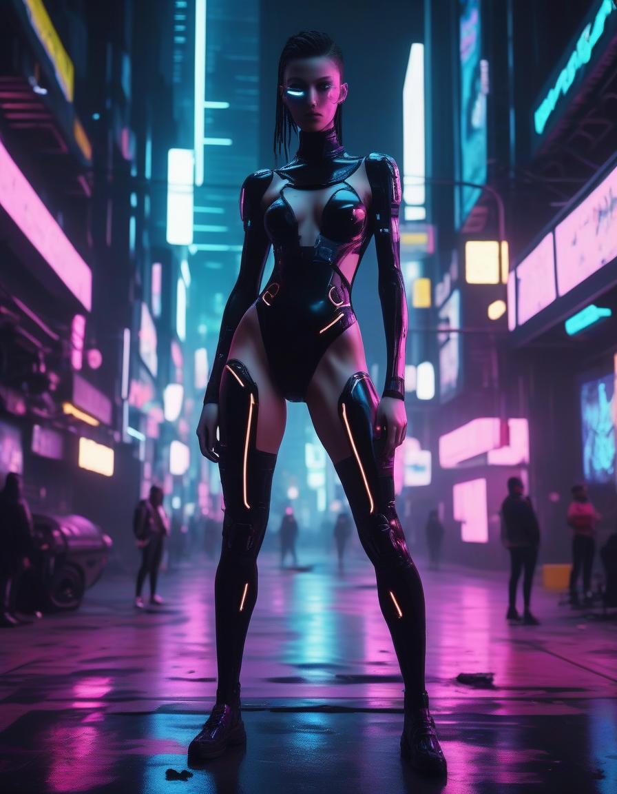  cyberpunk game style hight resolution. . skinny, (gigantesco huge :1.5), black bodysuit with legs. . neon, dystopian, futuristic, digital, vint, detailed, high contrast, reminiscent of cyberpunk genre video games