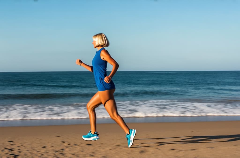  fair skinned woman with light bob hair runs along the sea in the morning at dawn on a deserted beach in blue sneakers ar 3:2 {prompt}, maximum details