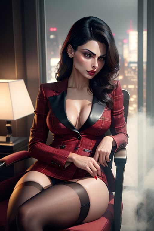  Morena Baccarin, carmin red lips, dark make up, working suit, yellow tartan suit, short , split , stockings, medium s, deep age, less, armchair, Manhattan rooftop, face view, hyperrealistic, full body, detailed clothing, highly detailed, cinematic lighting, stunningly beautiful, intricate, sharp focus, f/1. 8, 85mm, (centered image composition), (professionally color graded), ((bright soft diffused light)), volumetric fog, trending on instagram, trending on tumblr, HDR 4K, 8K