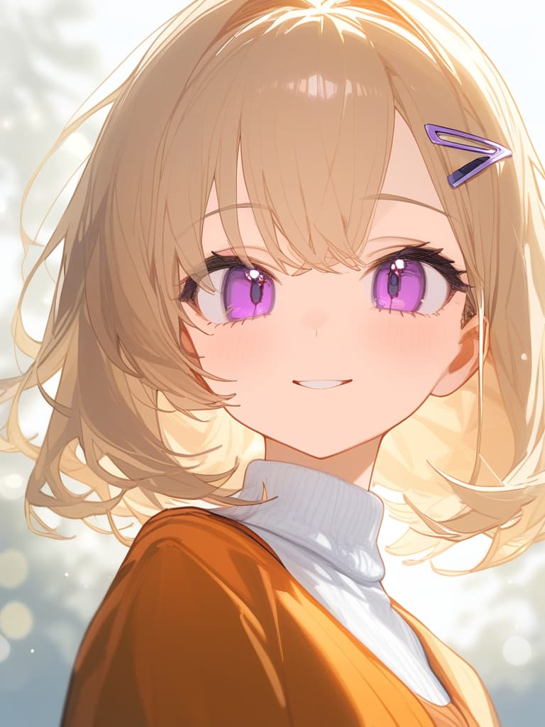  (猫耳ヘッドホン:1.2),masterpiece,best quality,(purple eyes:1.3),(close up:1.2),looking up,double eyelids,medium hair,(beige hair:1.2),smile,(orange oversized jacket:1.2),white turtleneck,triangle hair pin the three,