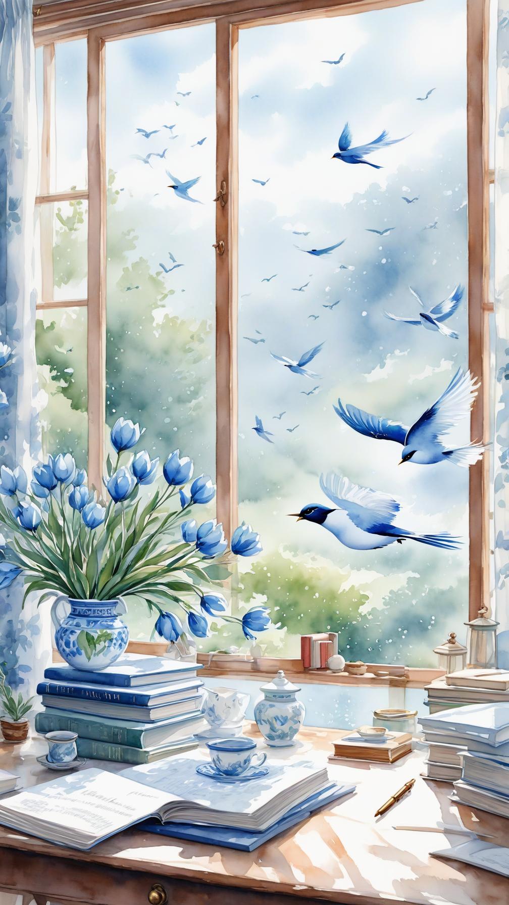  blue and white watercolor landscape, desk, chair, books, vase, dining table, chairs, bird flying, open window, serene atmosphere, inviting, knowledge, learning, interior design, cozy space, traditional watercolor painting style, detailed brush strokes, medium shot, soft focus, 4k resolution. highly detailed photo, sharp details, best quality, 4k, raw photo.