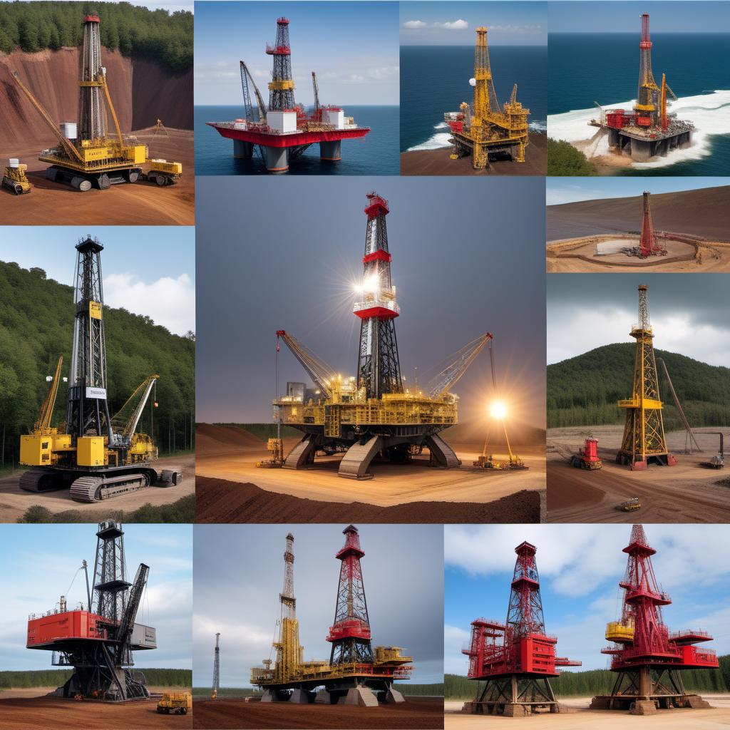  Collage of various types of drilling photos: 1. Offshore drilling rig platform situated in the ocean extracting oil and gas. 2. Onshore drilling rig on land for oil and gas. 3. Directional drilling technique showing wells drilled at multiple angles. 4. Exploration drilling rig used for exploring mineral deposits in mining. 5. Blast hole drilling operations with mining equipment. 6. Geothermal drilling rig for energy extraction. 7. Water well drilling operations showing groundwater access. 8. Horizontal drilling methods for pipelines and utilities. 9. Environmental drilling rig used for soil sampling and testing. 10. Foundation drilling operations for building construction projects. 11. Core drilling sampling for scientific and geological a hyperrealistic, full body, detailed clothing, highly detailed, cinematic lighting, stunningly beautiful, intricate, sharp focus, f/1. 8, 85mm, (centered image composition), (professionally color graded), ((bright soft diffused light)), volumetric fog, trending on instagram, trending on tumblr, HDR 4K, 8K