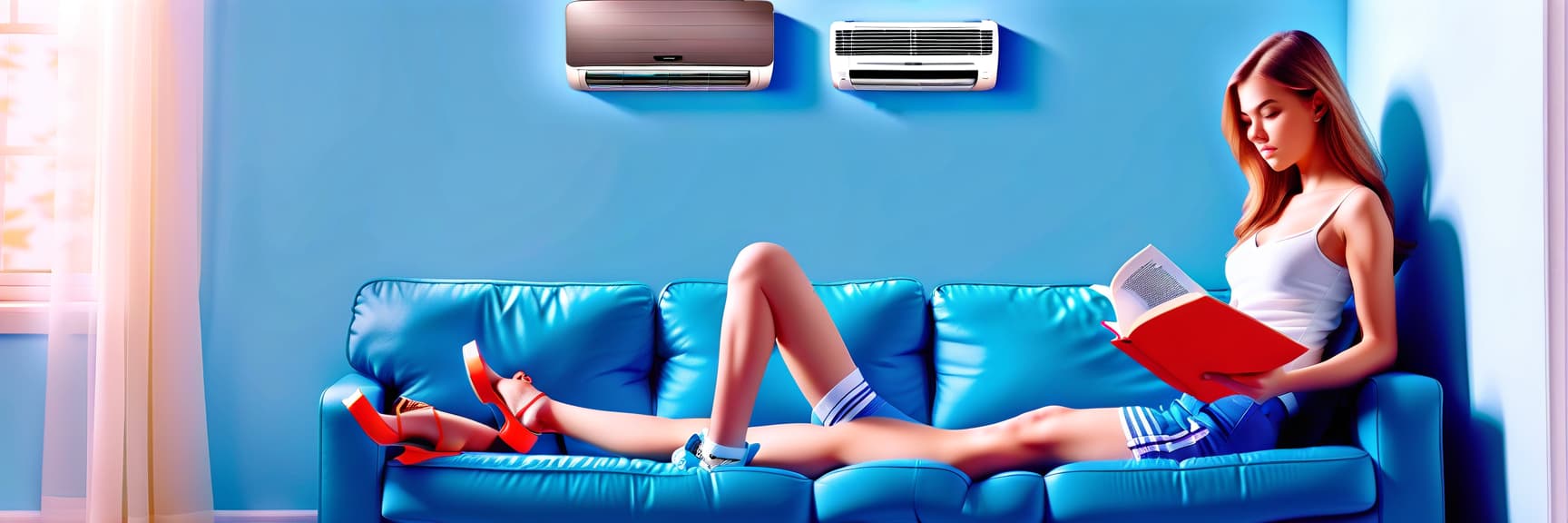  the inner block of the wall air conditioner hangs high on the wall, a beautiful girl in shoes on the sofa reading a book in a very bright room in blue colors