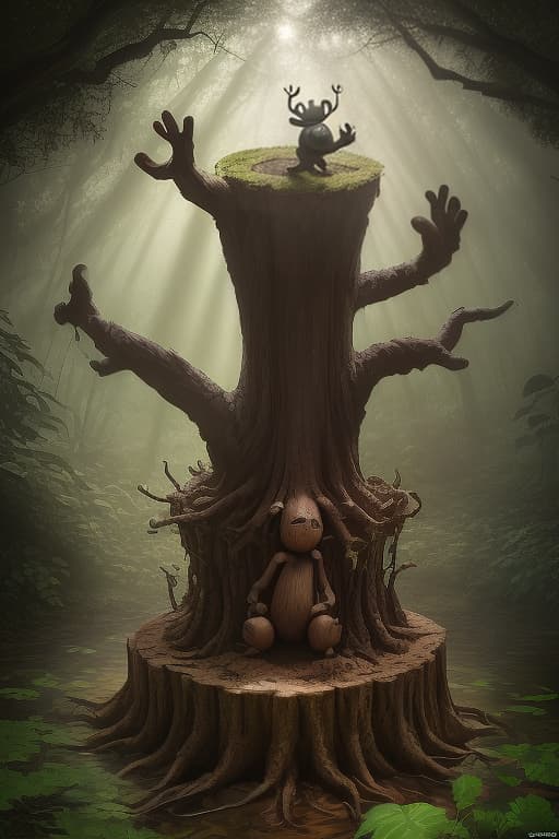  a cute, stout wooden creature resembling a stump, with arms, roots and large eyes, happily waving its branch like arms against a forest backdrop, dappled sunlight filtering through the leaves.. magic realism, funny cartoon, rustic watercolor, adventurous , wild , captivating , by david yarrow, nick brandt, art wolfe, paul nicklen, joel sartore