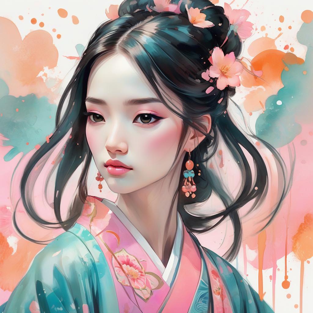  concept art an asian woman wearing an intricate kimono, digital watercolor painting, paint splatter, long hair, bold brush strokes, pale skin, bright colors on white background, pink peach orange teal black color palette, symmetrical, bold eyeshadow, adorable, cute, pixar style painting, art nouveau . digital artwork, illustrative, painterly, matte painting, highly detailed