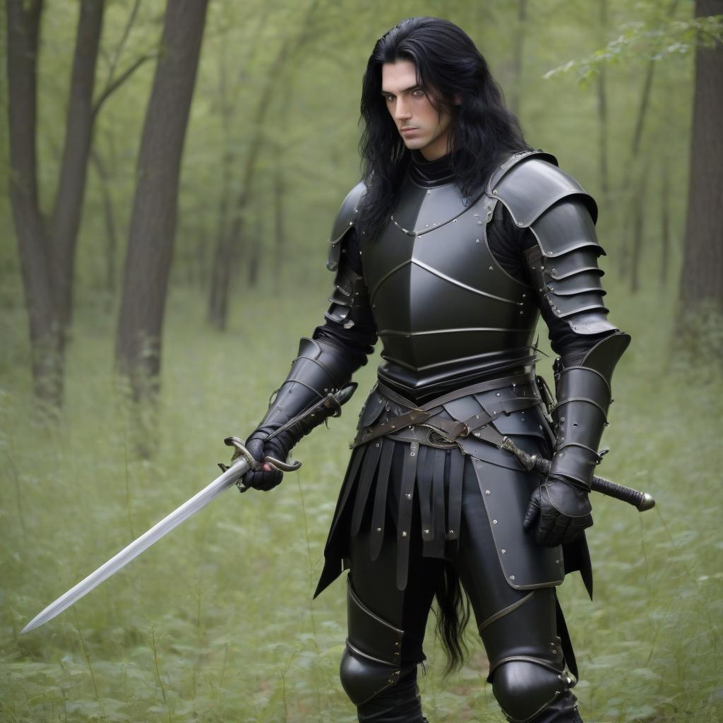  half weeded with long black hair, leather armor and full length rapier.