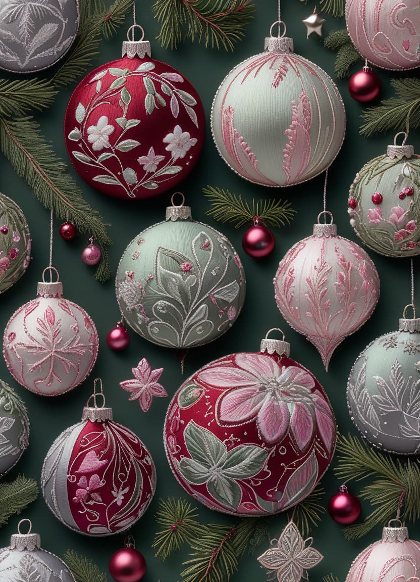  beautiful christmas ornaments with floral and vintage designs embroidered on them, in muted colors of dark reds, pinks, greens, gray tones, and silver metallic threads, sitting against an evergreen background. high resolution, high detail, realistic product photography