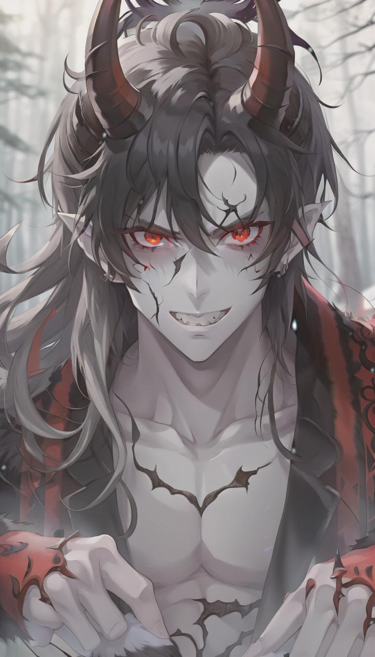  anime artwork man demon, white skin. red eyes, black hair, red horns, black fur coat, dense forest in the background . anime style, key visual, vibrant, studio anime, highly detailed