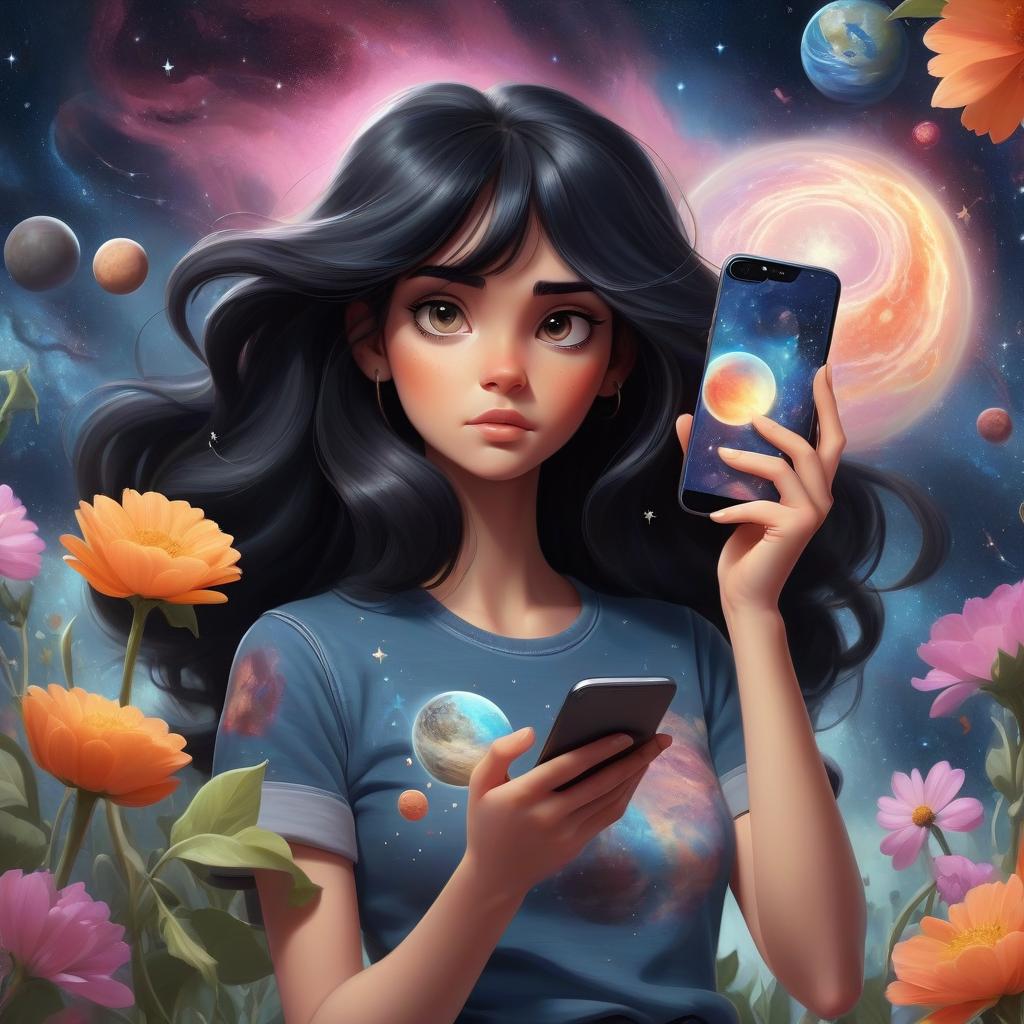  ethereal fantasy concept art of charming charismatic girl in jeans and a t shirt with black hair stands in full growth shoots videos for her blog, in his hand he has a phone on the background of a cosmic theme with flowers planets stars galaxy and universe . magnificent, celestial, ethereal, painterly, epic, majestic, magical, fantasy art, cover art, dreamy