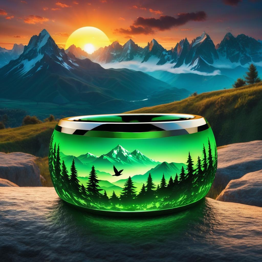  super bright green glow ring with mountains in the background with a sunset and birds flying and forced imagery on the ring, award winning, professional, highly detailed, masterpiece